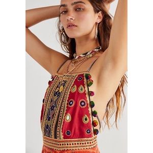 Free People Red and Blue Embroidered Midi Dress
